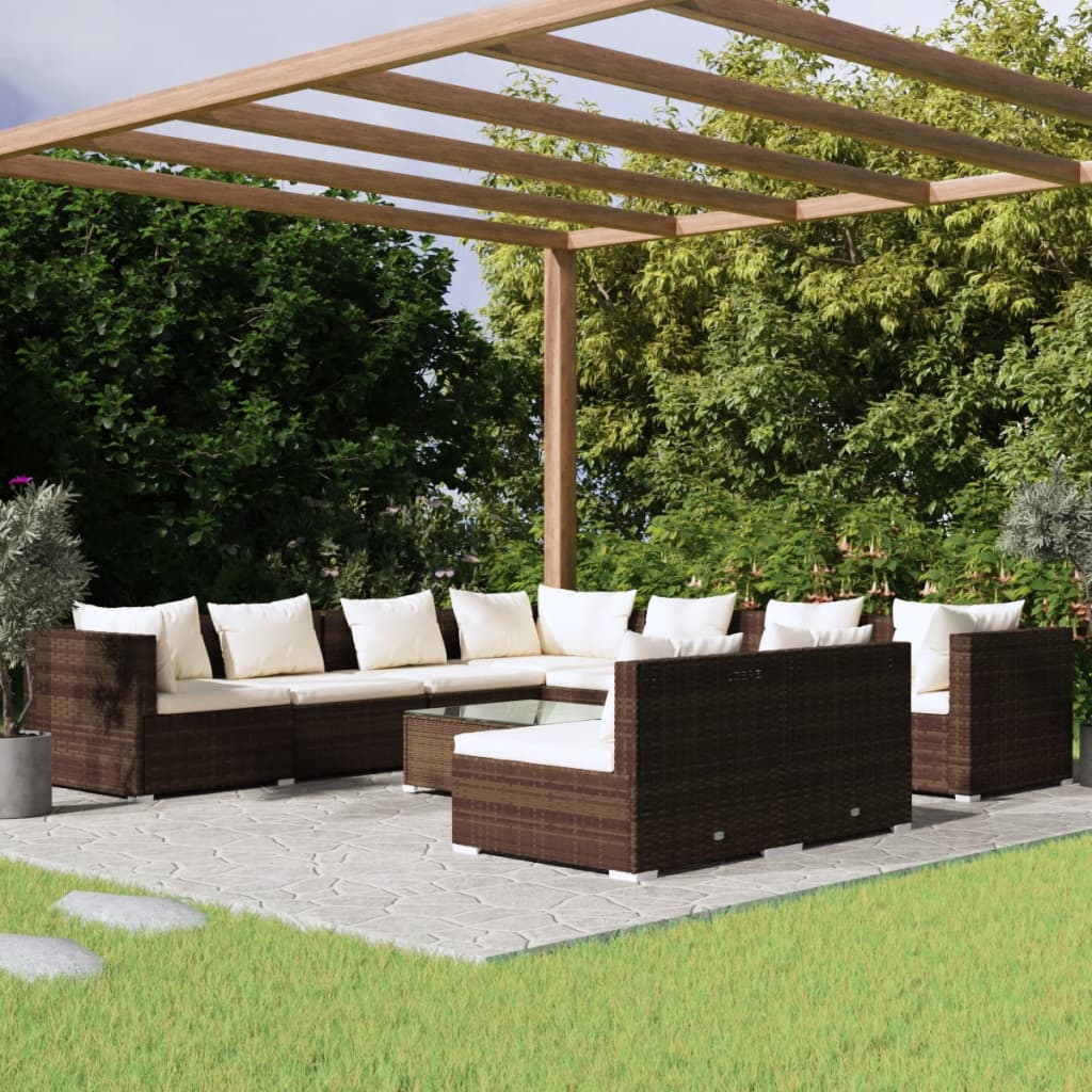 Salon de jardin 10 pièces avec coussins, en polyrotin marron