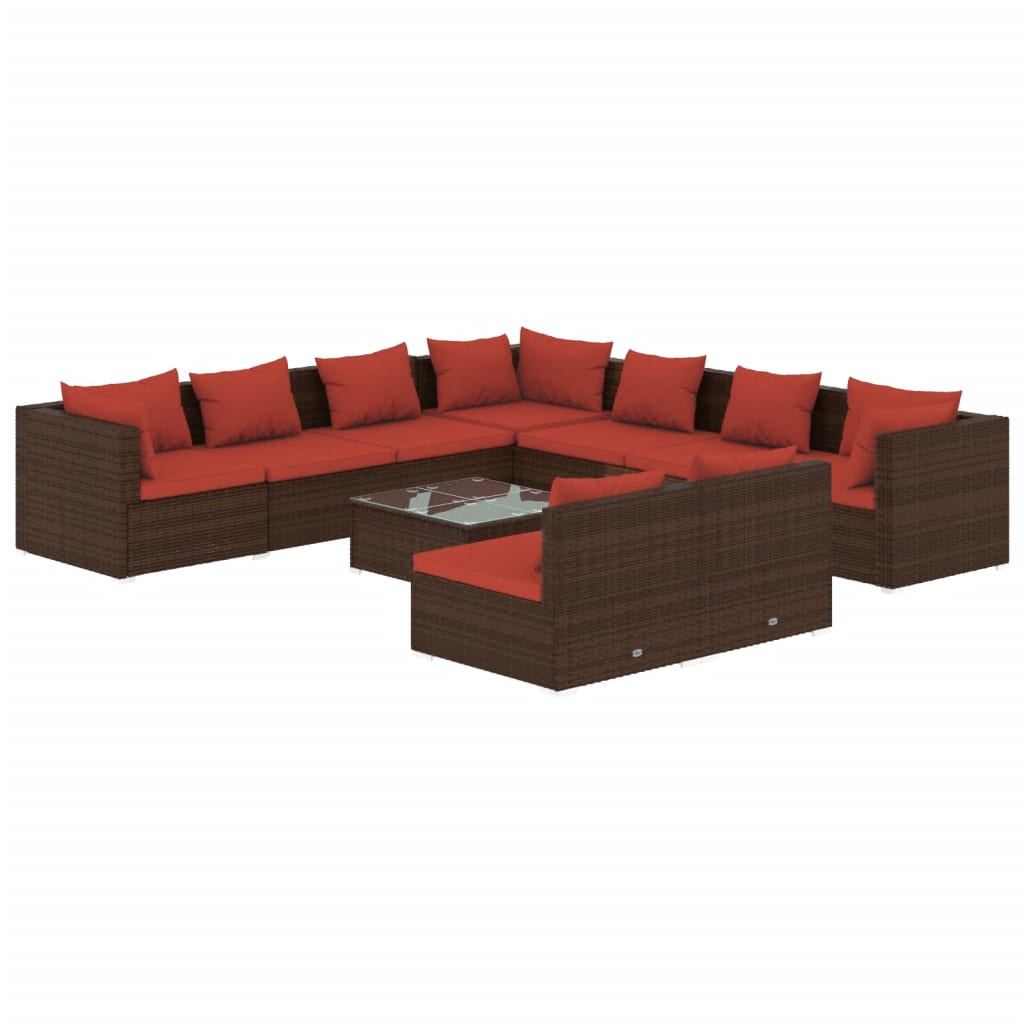 Salon de jardin 10 pièces avec coussins, en polyrotin marron