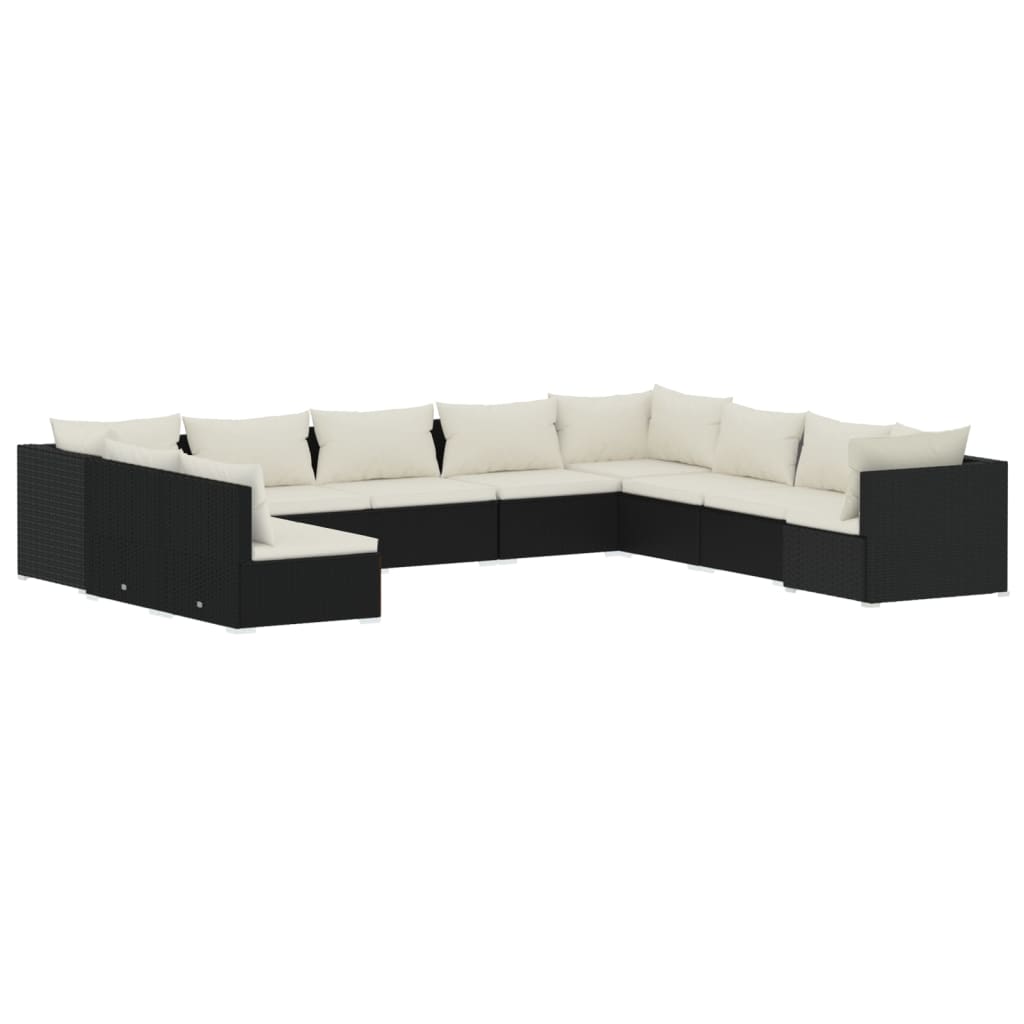 10-tlg. Garten-Lounge-Set mit Kissen Schwarz Poly Rattan