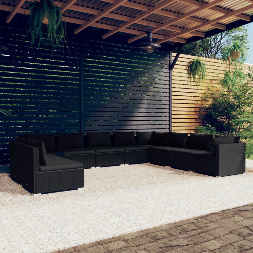 10-tlg. Garten-Lounge-Set mit Kissen Schwarz Poly Rattan