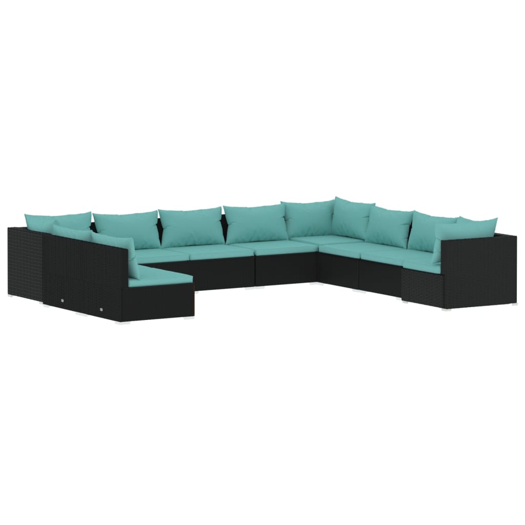 10-tlg. Garten-Lounge-Set mit Kissen Schwarz Poly Rattan