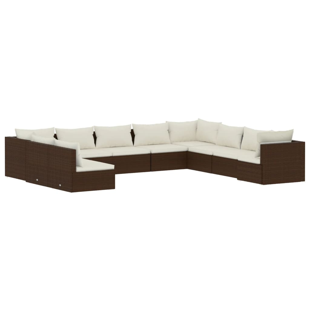 Salon de jardin 10 pièces avec coussins, en polyrotin marron