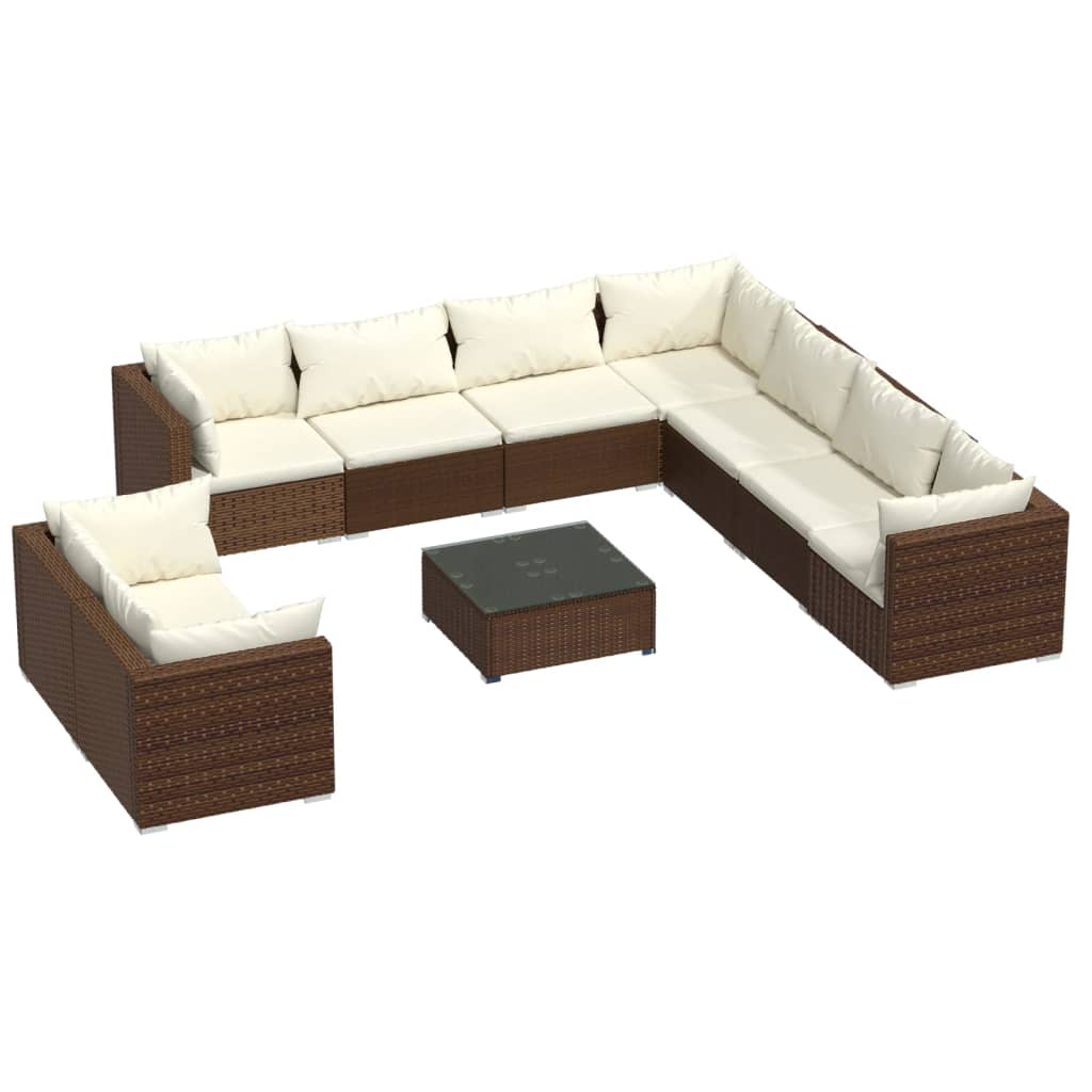 Salon de jardin 10 pièces avec coussins, en polyrotin marron