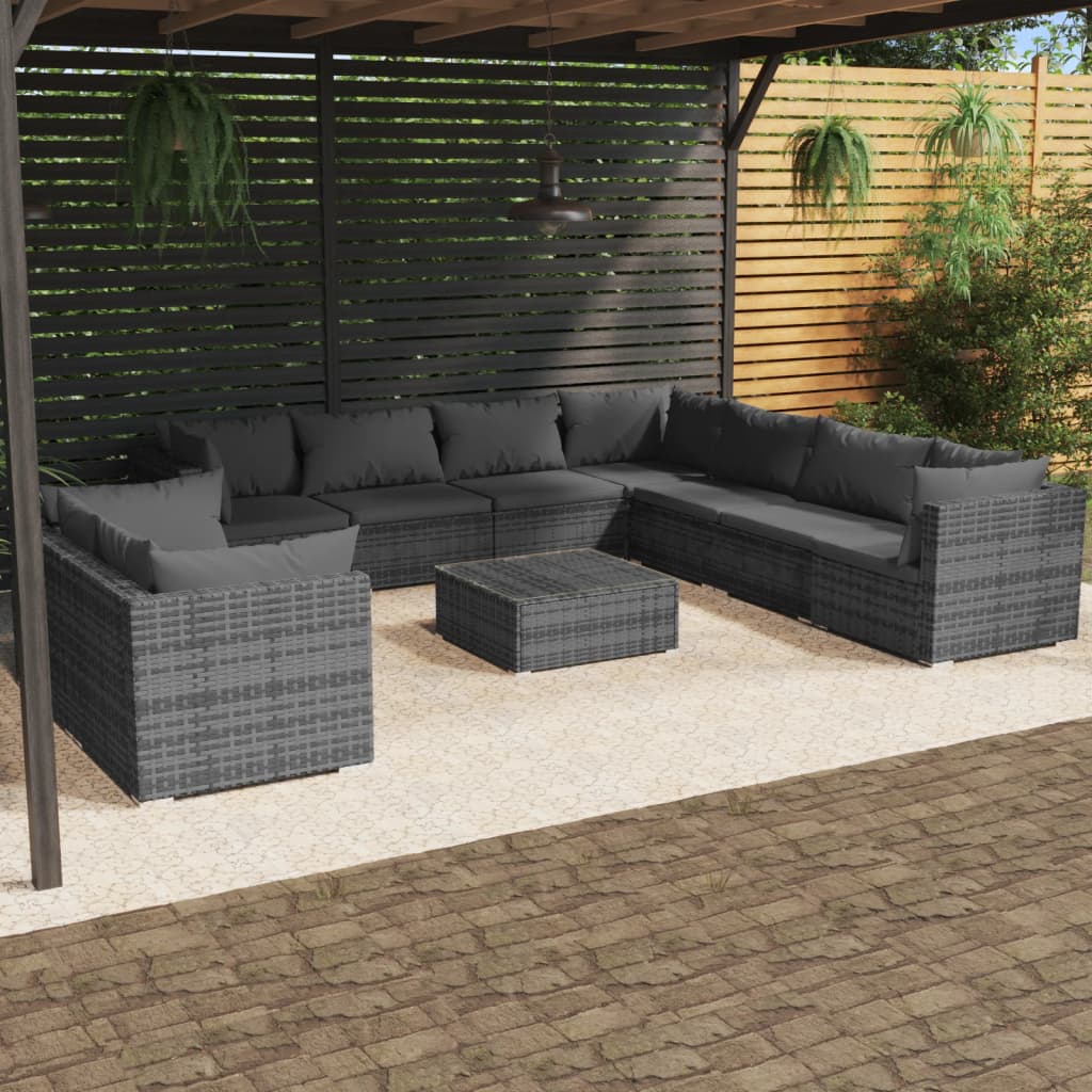 10 pièces. Salon de jardin avec coussins en polyrotin gris