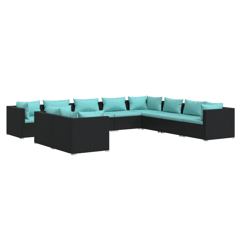 10-tlg. Garten-Lounge-Set mit Kissen Schwarz Poly Rattan