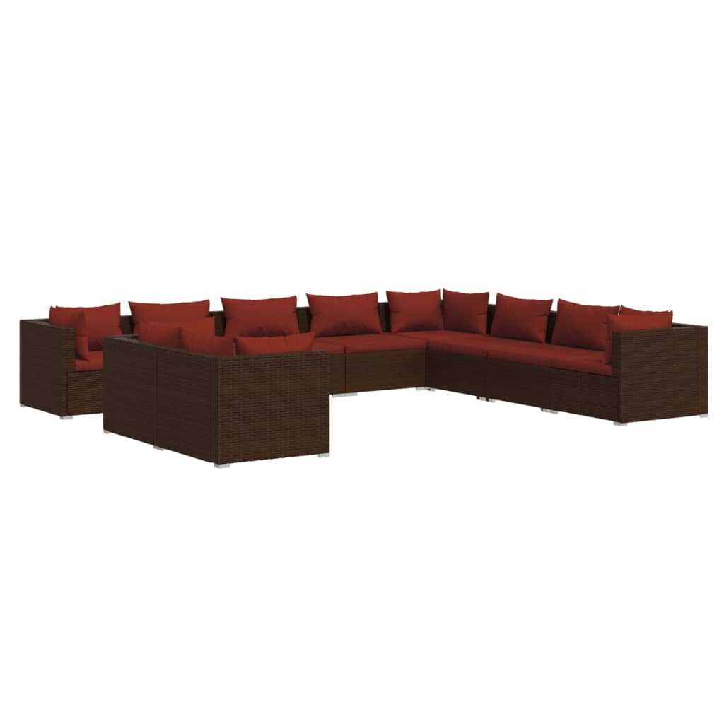 Salon de jardin 10 pièces avec coussins, en polyrotin marron