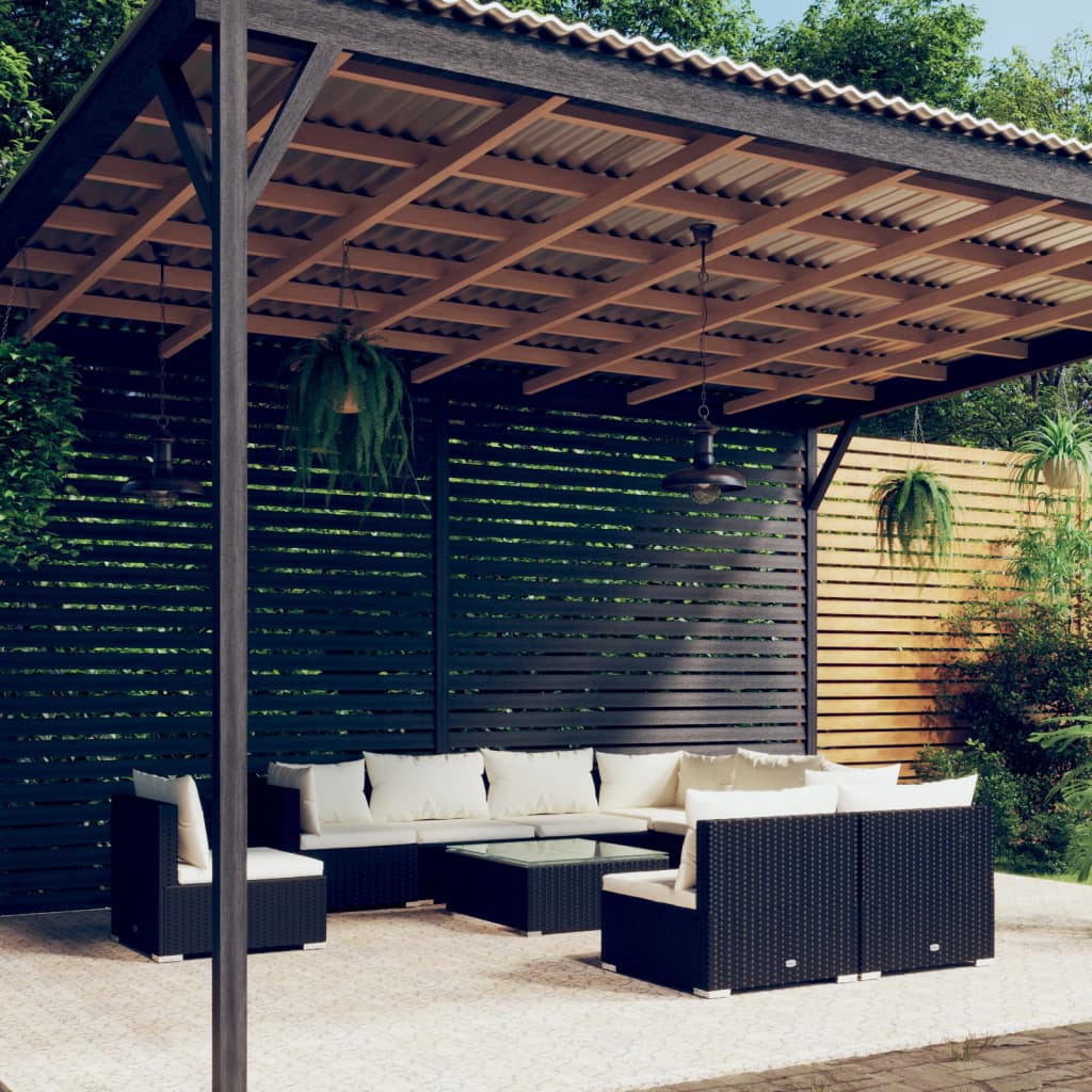 Salon de jardin 10 pièces avec coussins, en polyrotin, noir