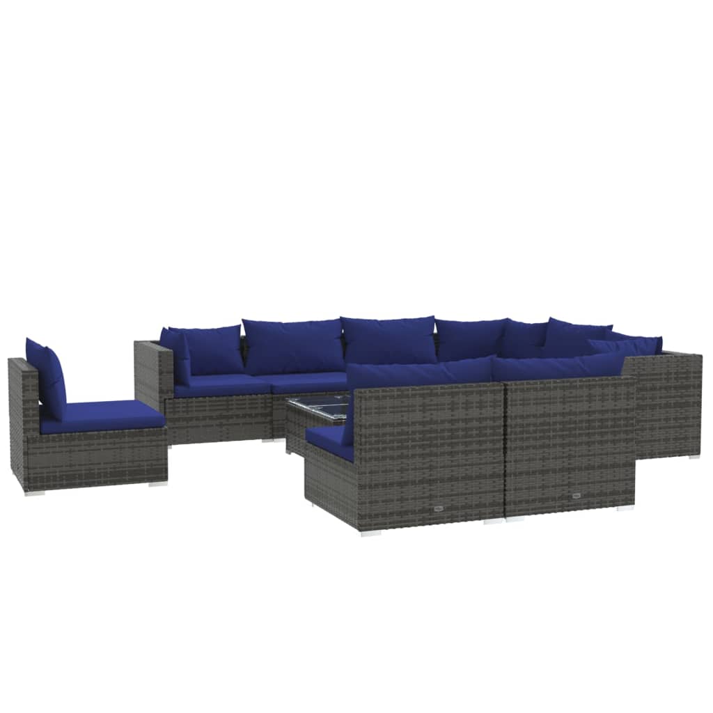 10-tlg. Garten-Lounge-Set mit Kissen Poly Rattan Grau