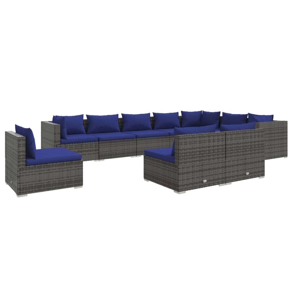 10-tlg. Garten-Lounge-Set mit Kissen Poly Rattan Grau