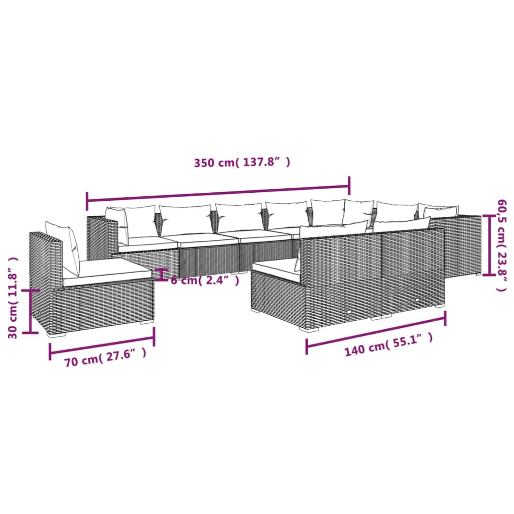 10-tlg. Garten-Lounge-Set mit Kissen Poly Rattan Grau