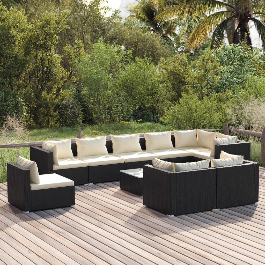 Salon de jardin 10 pièces avec coussins, en polyrotin, noir