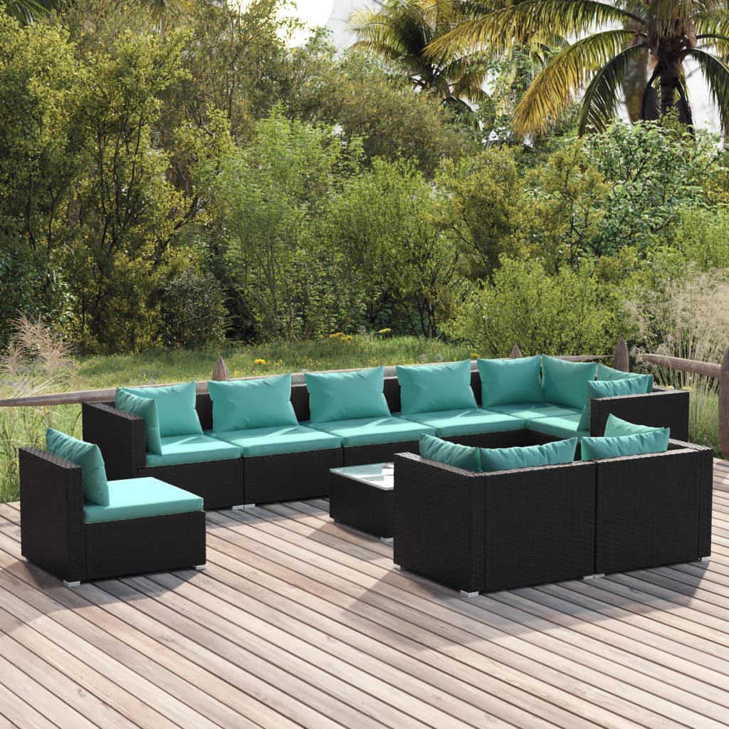 Salon de jardin 10 pièces avec coussins, en polyrotin, noir