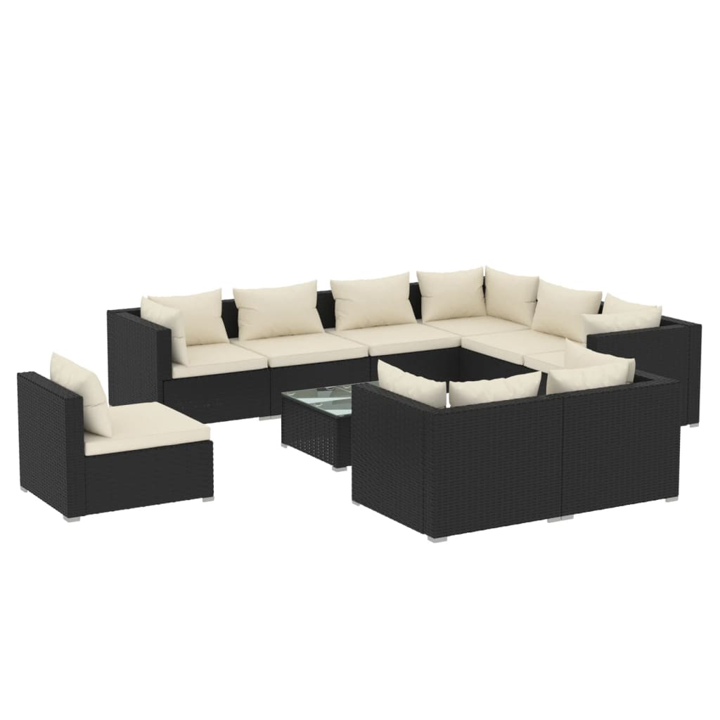 Salon de jardin 10 pièces avec coussins, en polyrotin, noir