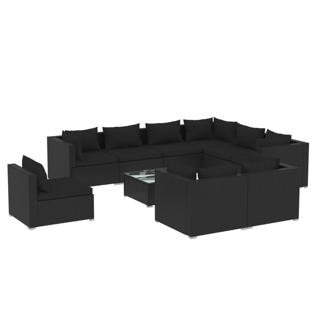 Salon de jardin 10 pièces avec coussins, en polyrotin, noir