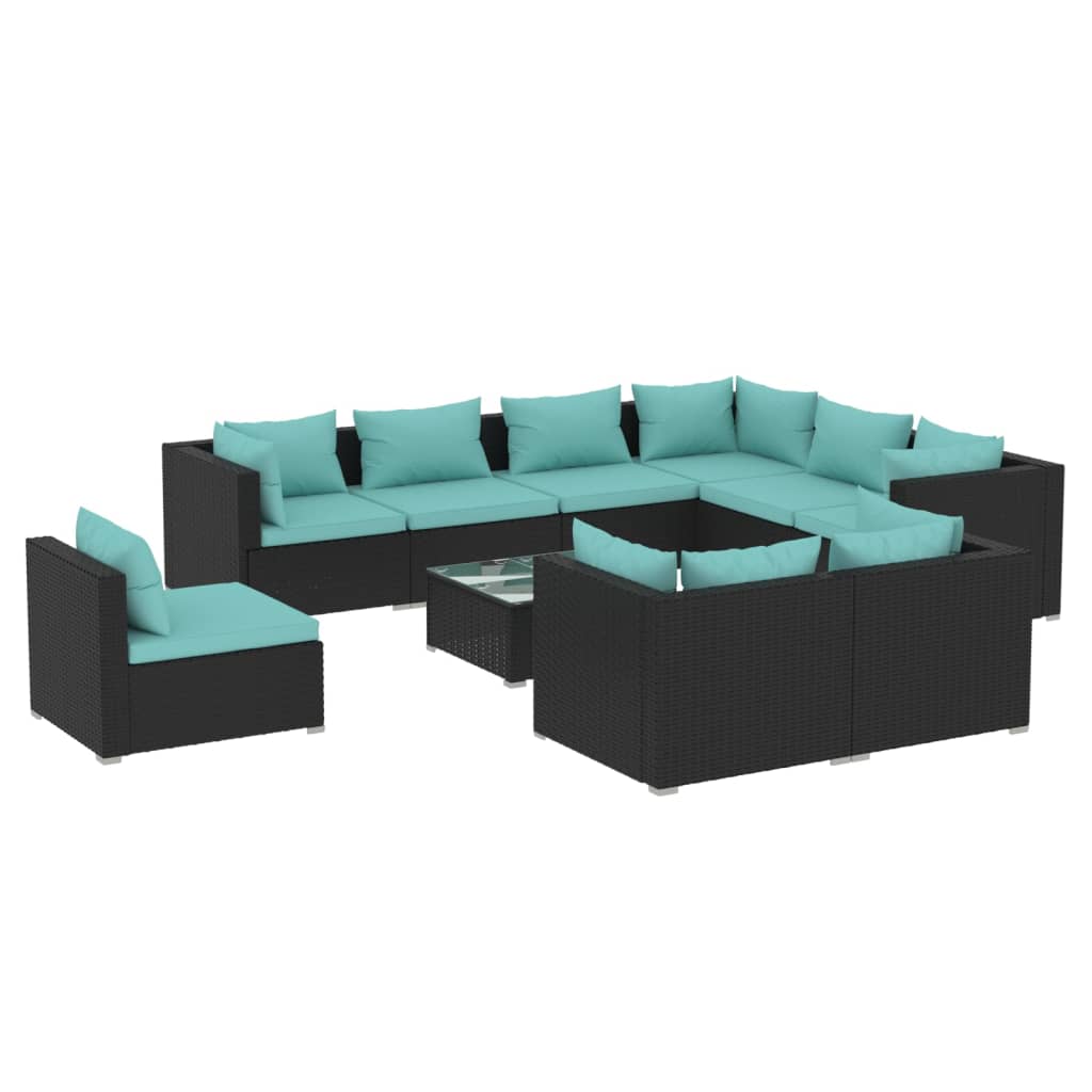Salon de jardin 10 pièces avec coussins, en polyrotin, noir