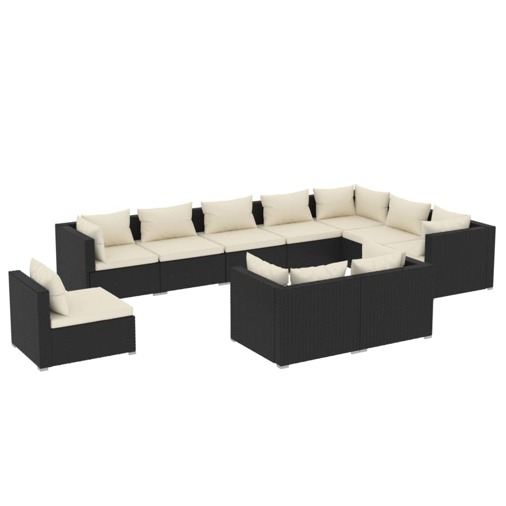 Salon de jardin 10 pièces avec coussins, en polyrotin, noir