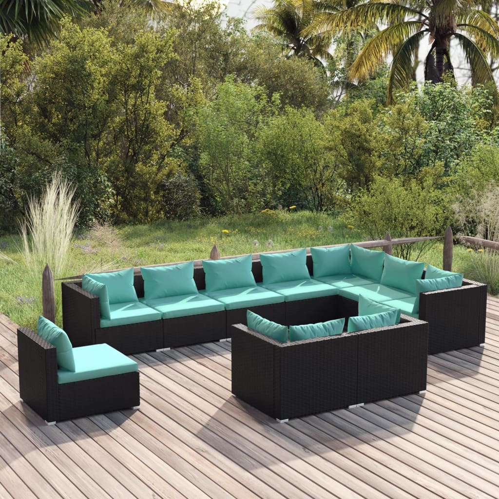 Salon de jardin 10 pièces avec coussins, en polyrotin, noir