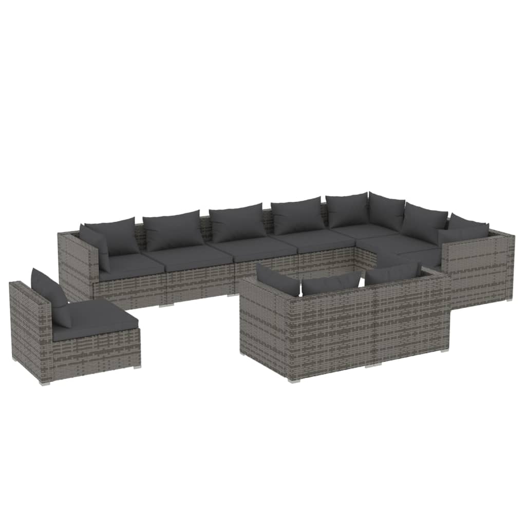 10-tlg. Garten-Lounge-Set mit Kissen Poly Rattan Grau