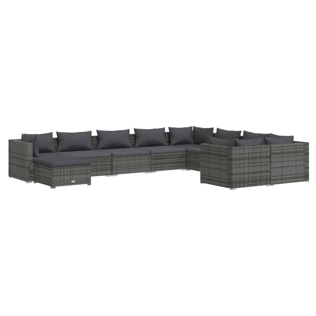 10-tlg. Garten-Lounge-Set mit Kissen Poly Rattan Grau