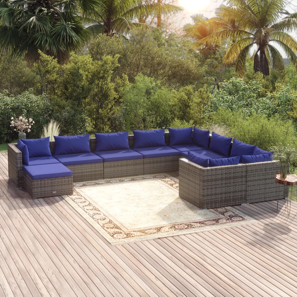 10-tlg. Garten-Lounge-Set mit Kissen Poly Rattan Grau