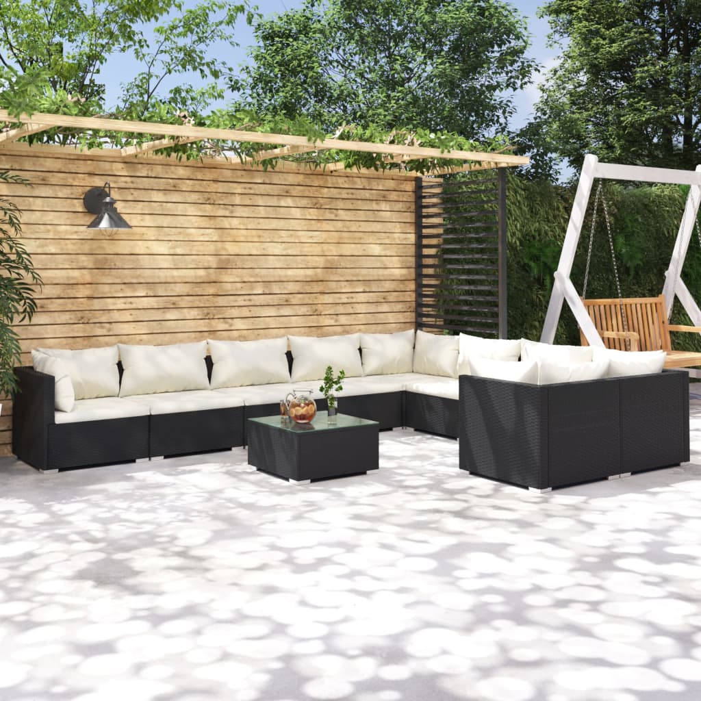 Salon de jardin 10 pièces avec coussins, en polyrotin, noir