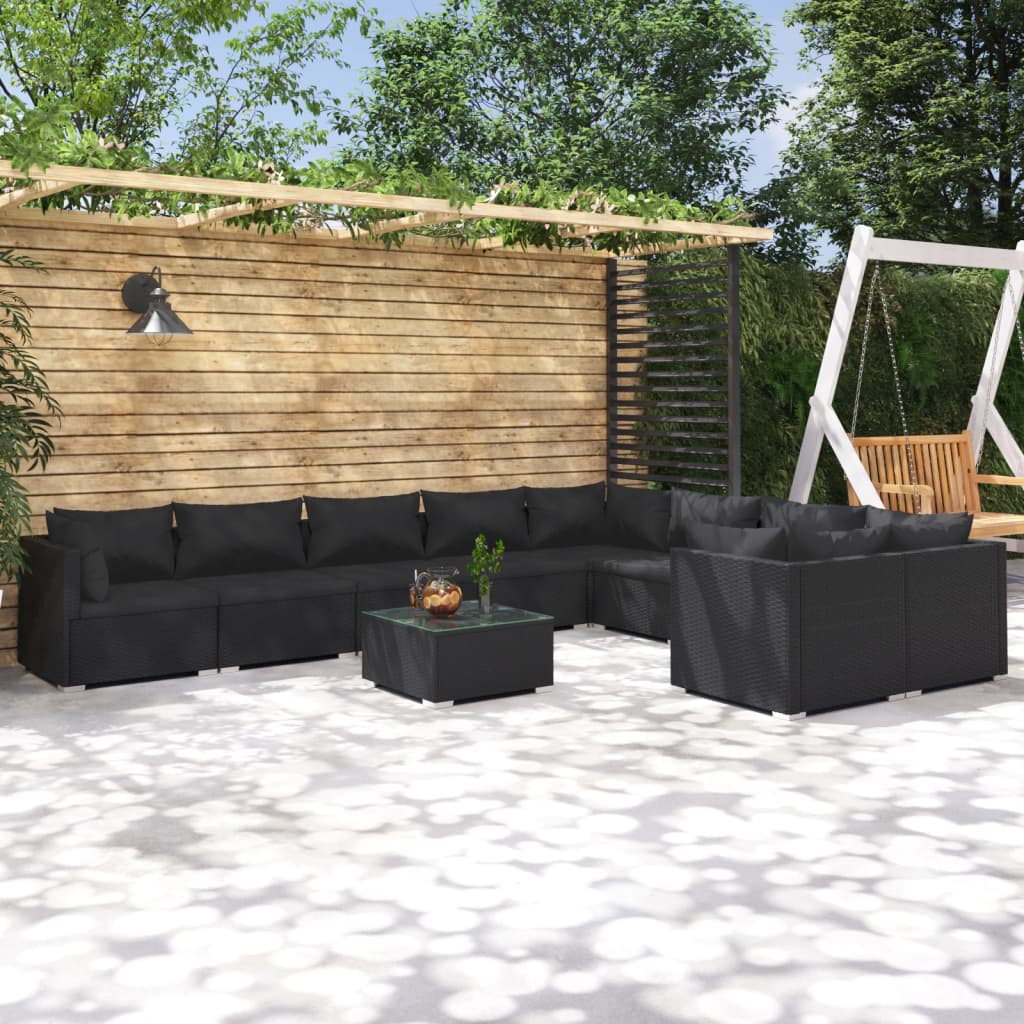 Salon de jardin 10 pièces avec coussins, en polyrotin, noir