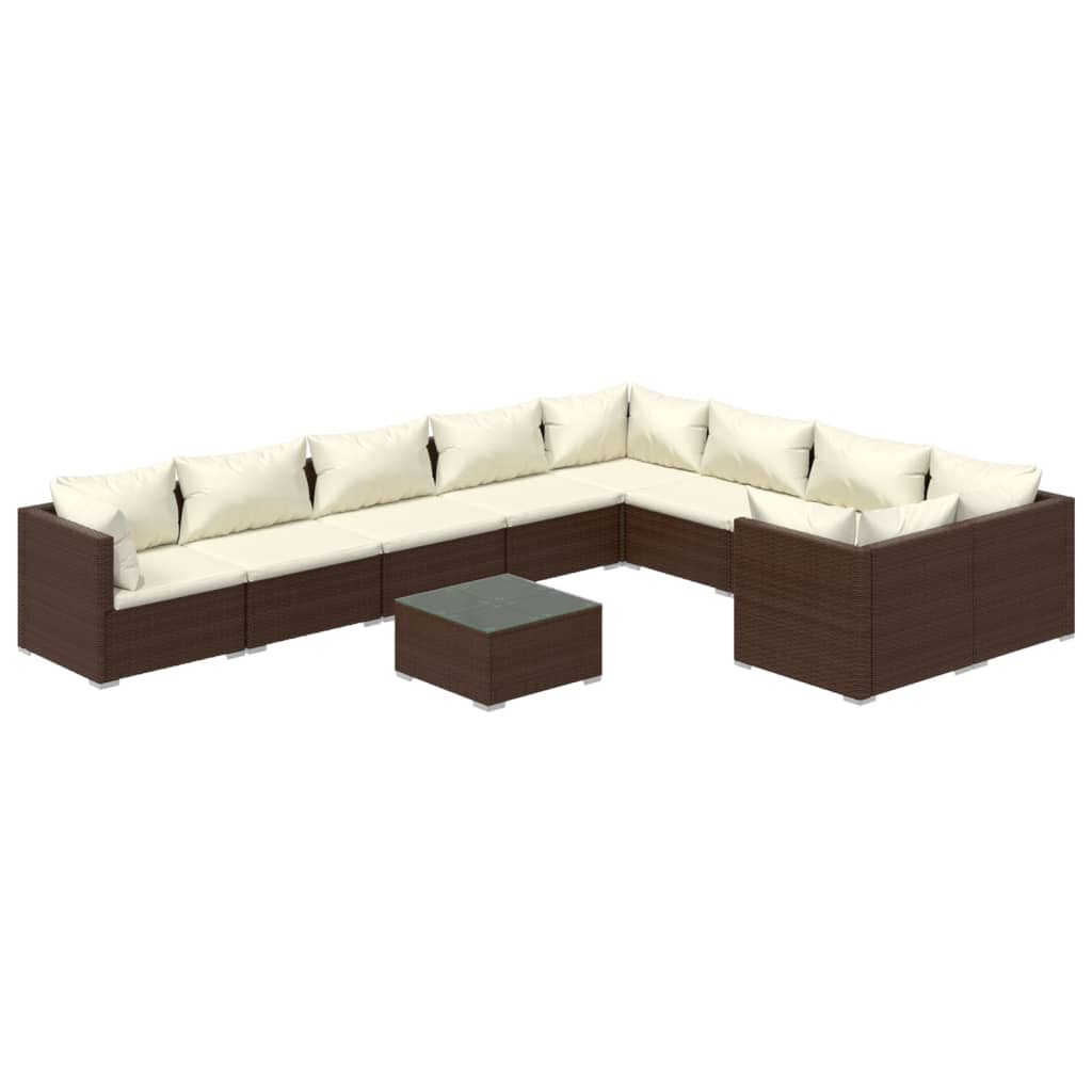 10-tlg. Garten-Lounge-Set mit Kissen Poly Rattan Braun