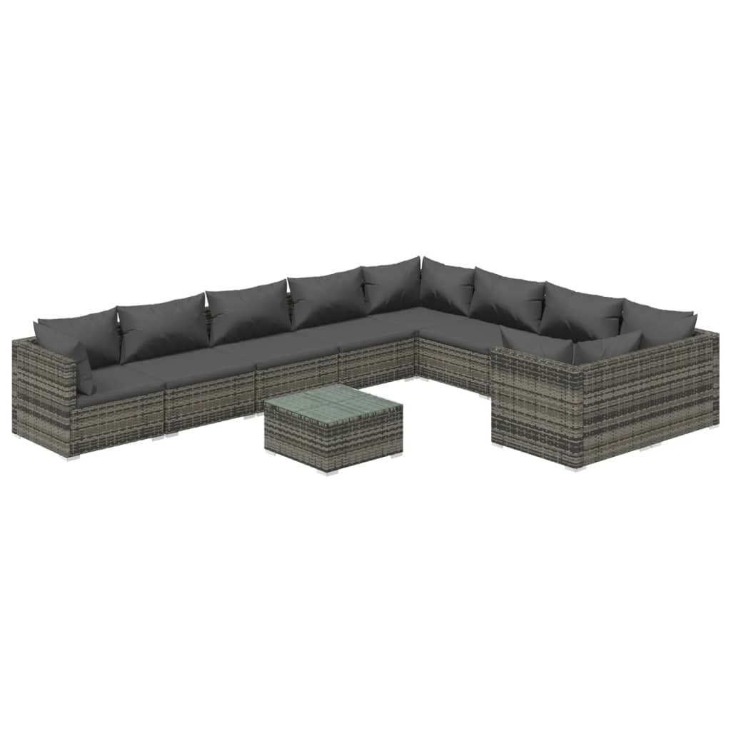 10-tlg. Garten-Lounge-Set mit Kissen Poly Rattan Grau