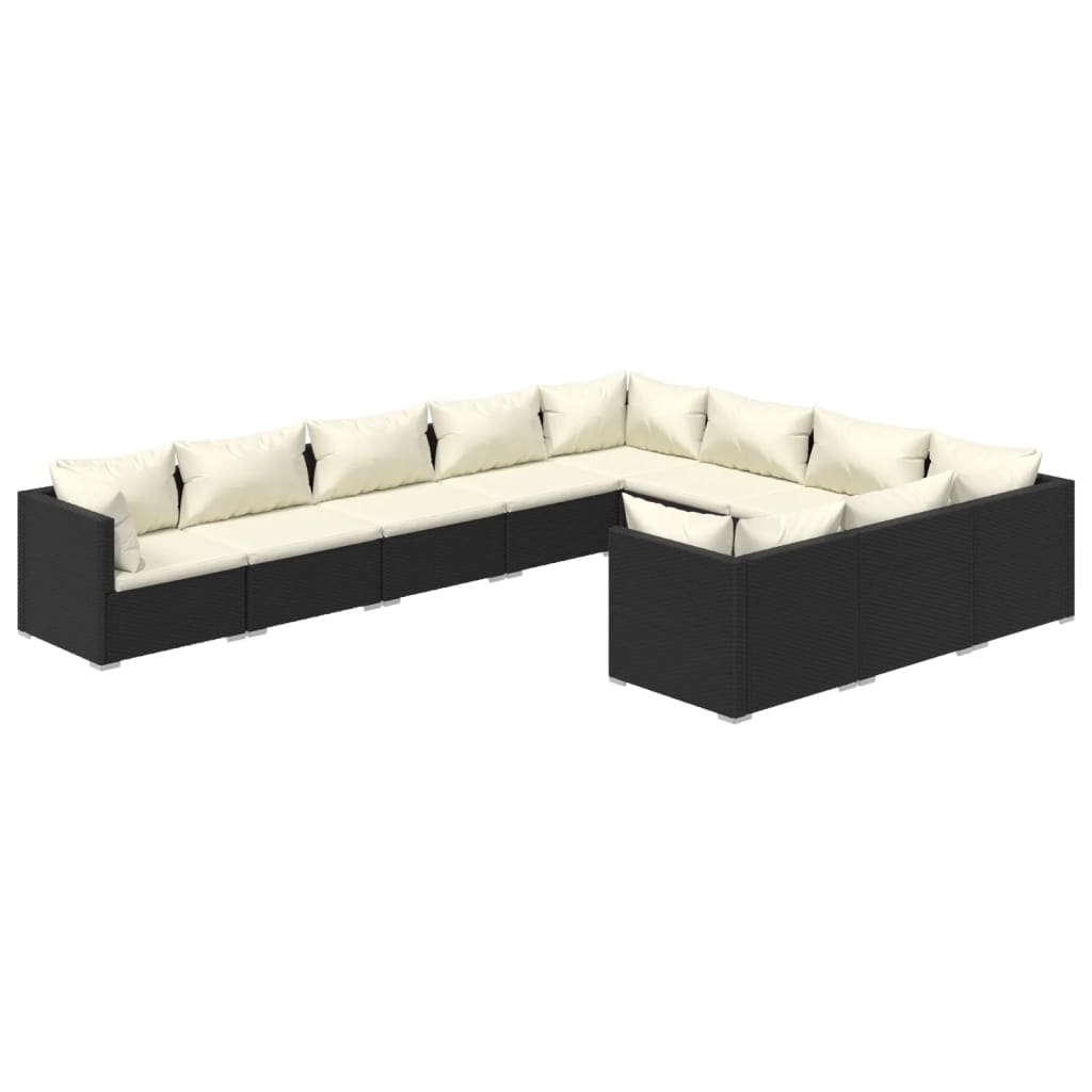 Salon de jardin 10 pièces avec coussins, en polyrotin, noir