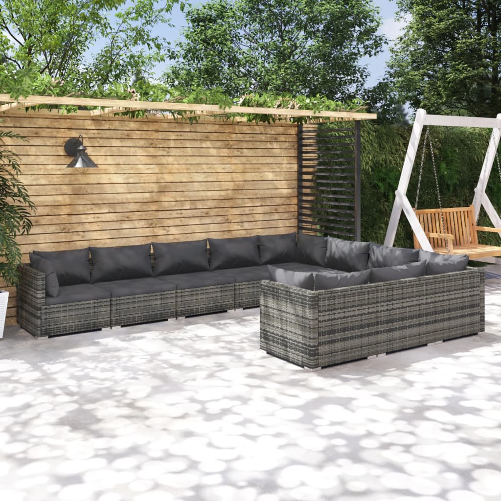 10-tlg. Garten-Lounge-Set mit Kissen Poly Rattan Grau