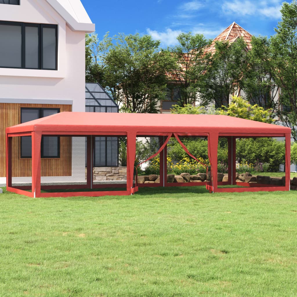 Partyzelt mit 8 Mesh-Seitenwänden Rot 9x4 m HDPE