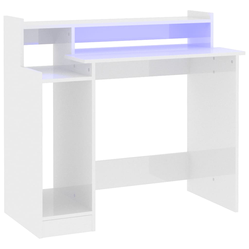 Desk with LEDs High Gloss White 97x45x90 cm Wood Material