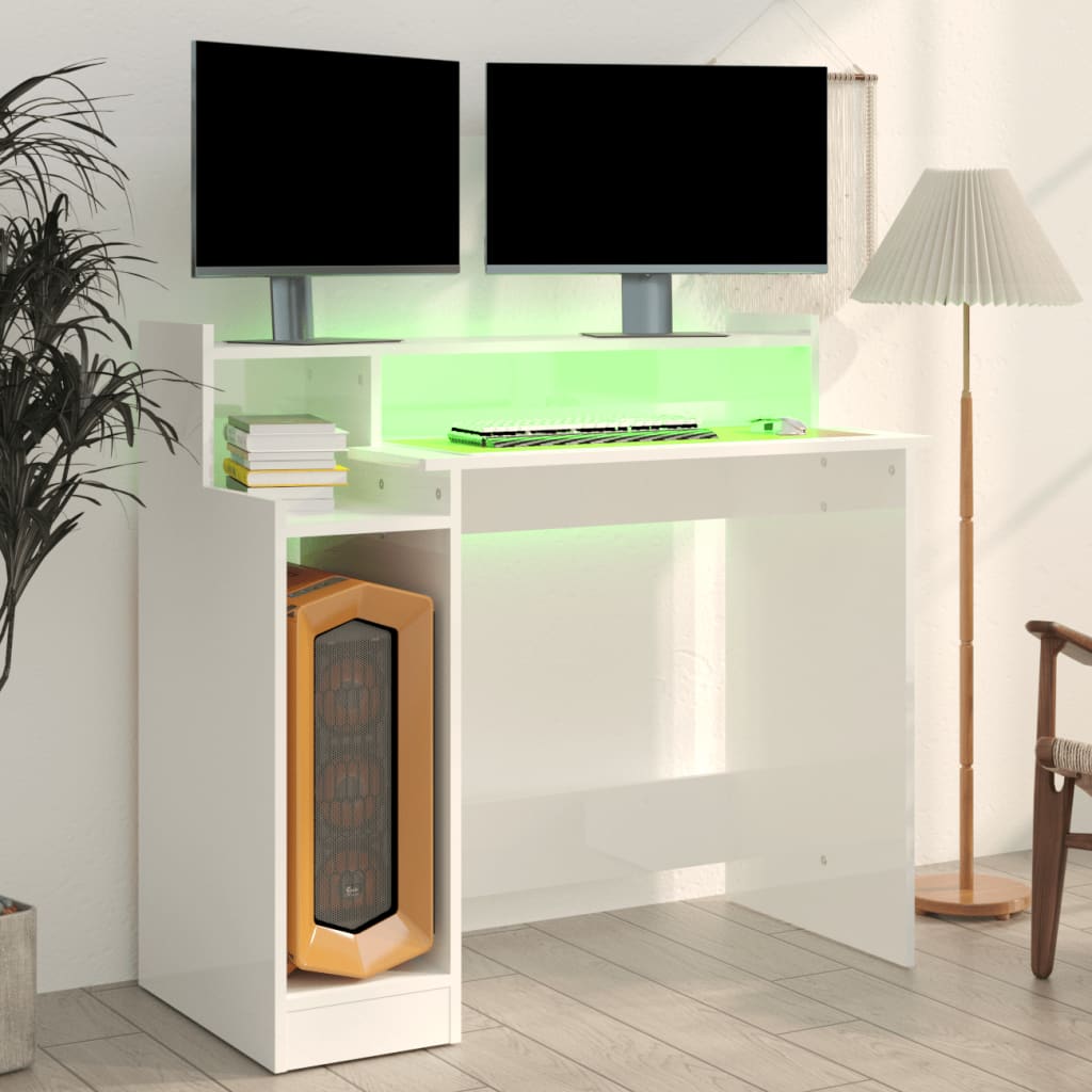 Desk with LEDs High Gloss White 97x45x90 cm Wood Material