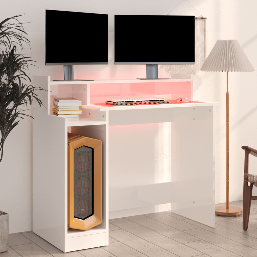 Desk with LEDs High Gloss White 97x45x90 cm Wood Material