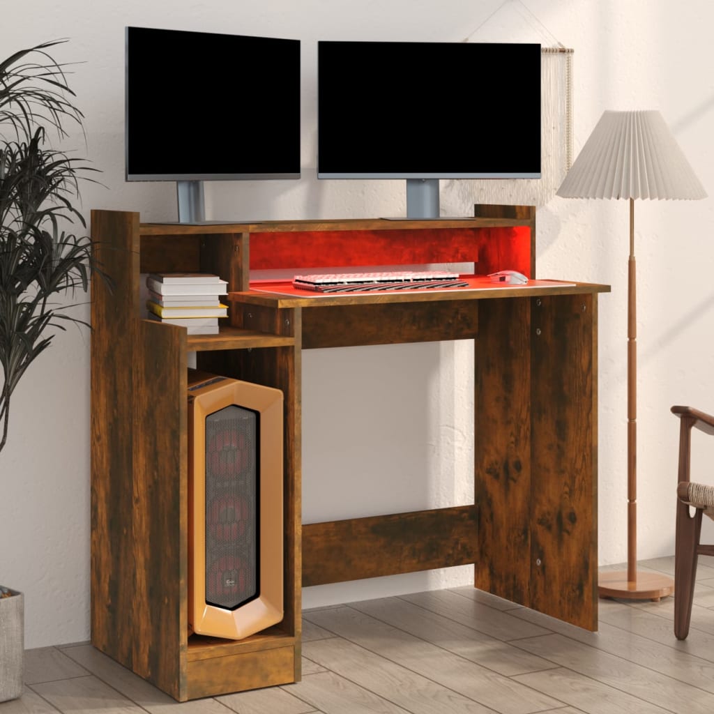 Desk with LEDs Smoked Oak 97x45x90 cm Wood Material