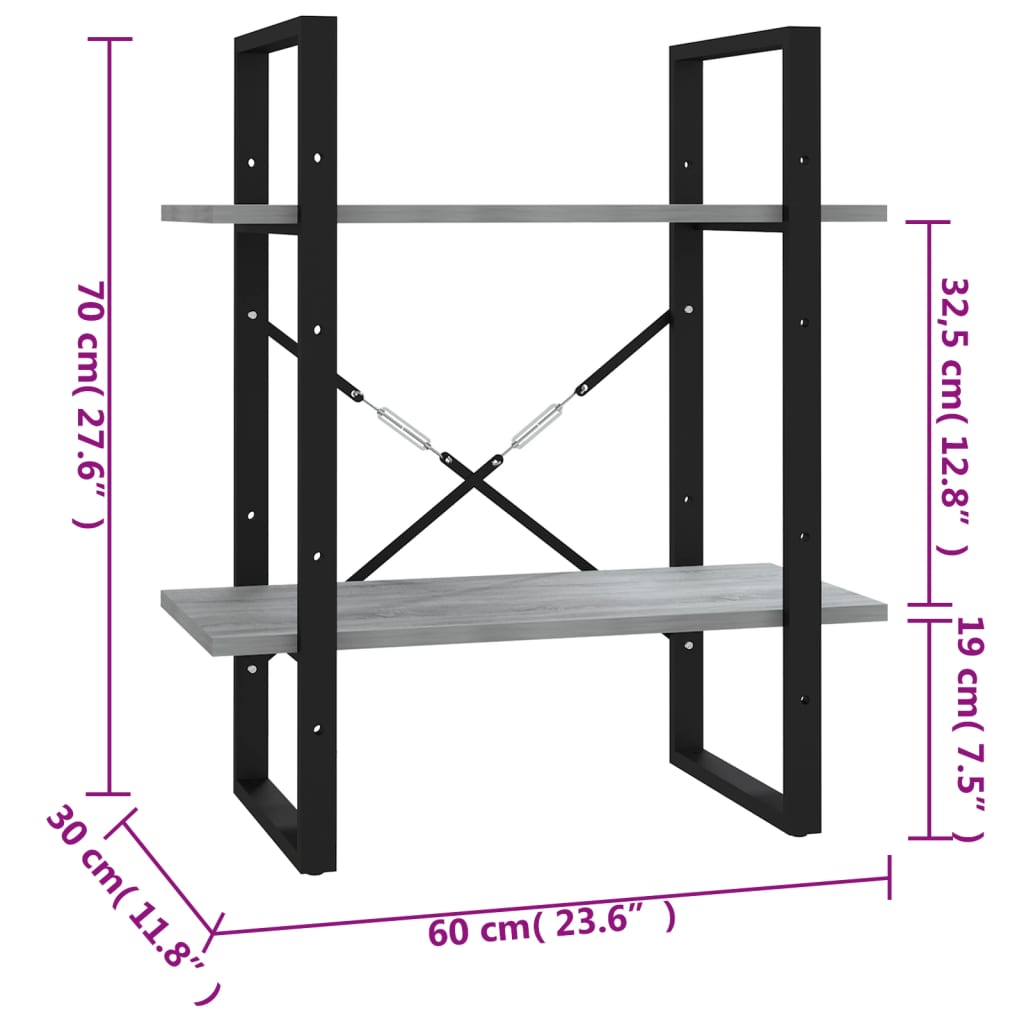Bookcase 2 Compartments Grey Sonoma 60x30x70 cm Wood Material