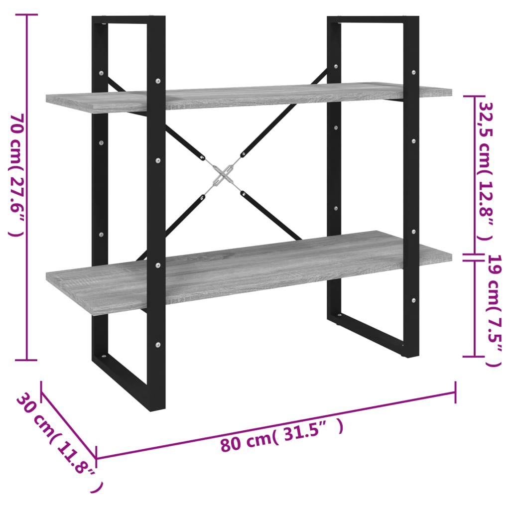 Bookcase 2 Compartments Grey Sonoma 80x30x70 cm Wood Material