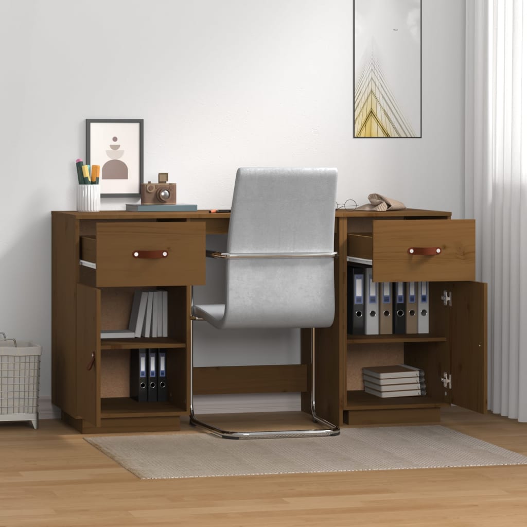 Bureau avec armoires en bois massif marron miel 135x50x75 cm