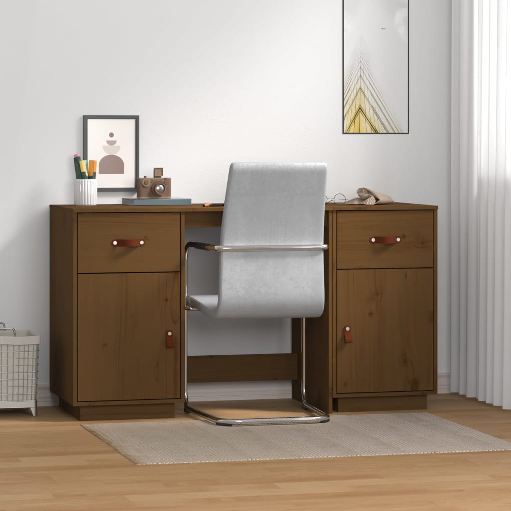 Bureau avec armoires en bois massif marron miel 135x50x75 cm