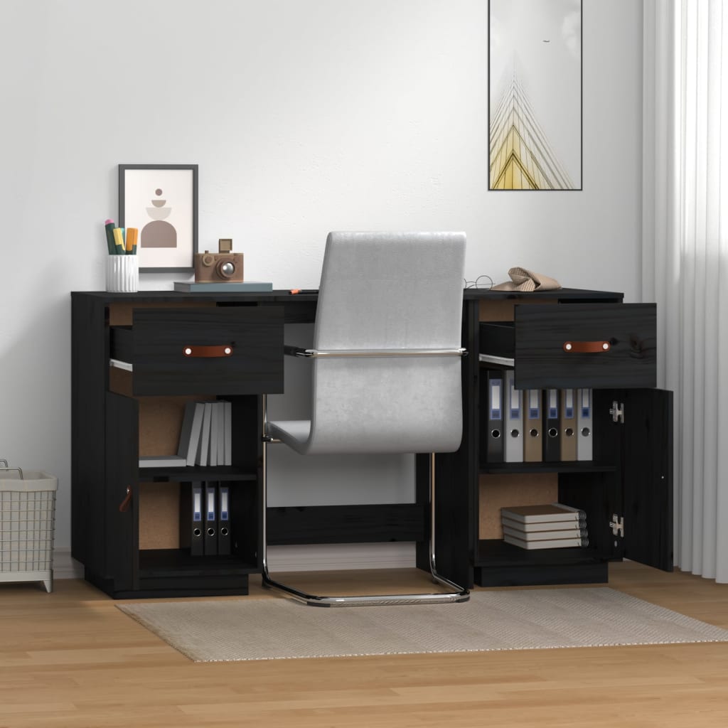 Bureau avec armoires noir 135x50x75 cm bois massif