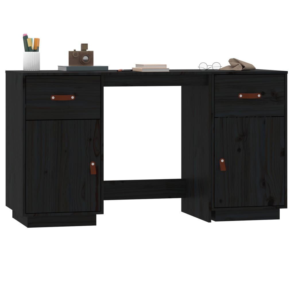 Bureau avec armoires noir 135x50x75 cm bois massif