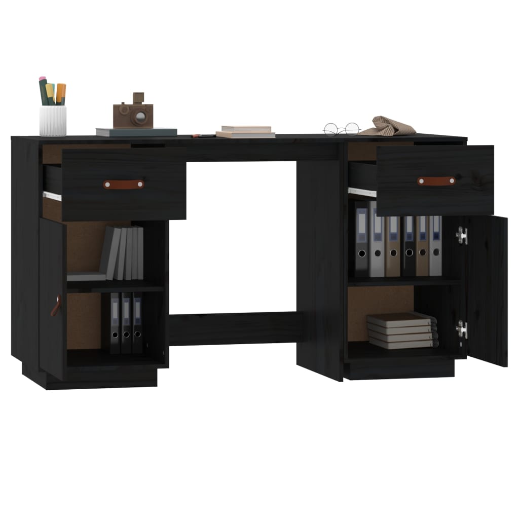 Bureau avec armoires noir 135x50x75 cm bois massif