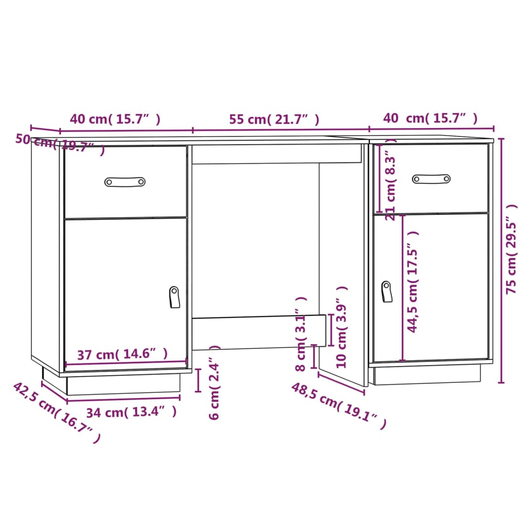 Bureau avec armoires noir 135x50x75 cm bois massif
