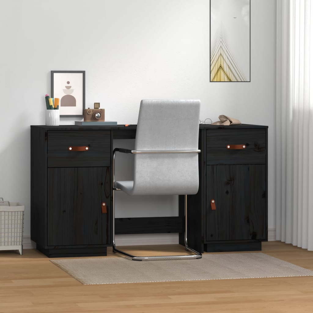 Bureau avec armoires noir 135x50x75 cm bois massif