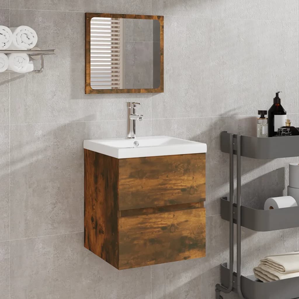 Waschbeckenunterschrank mit Waschbecken Spiegel Räuchereiche