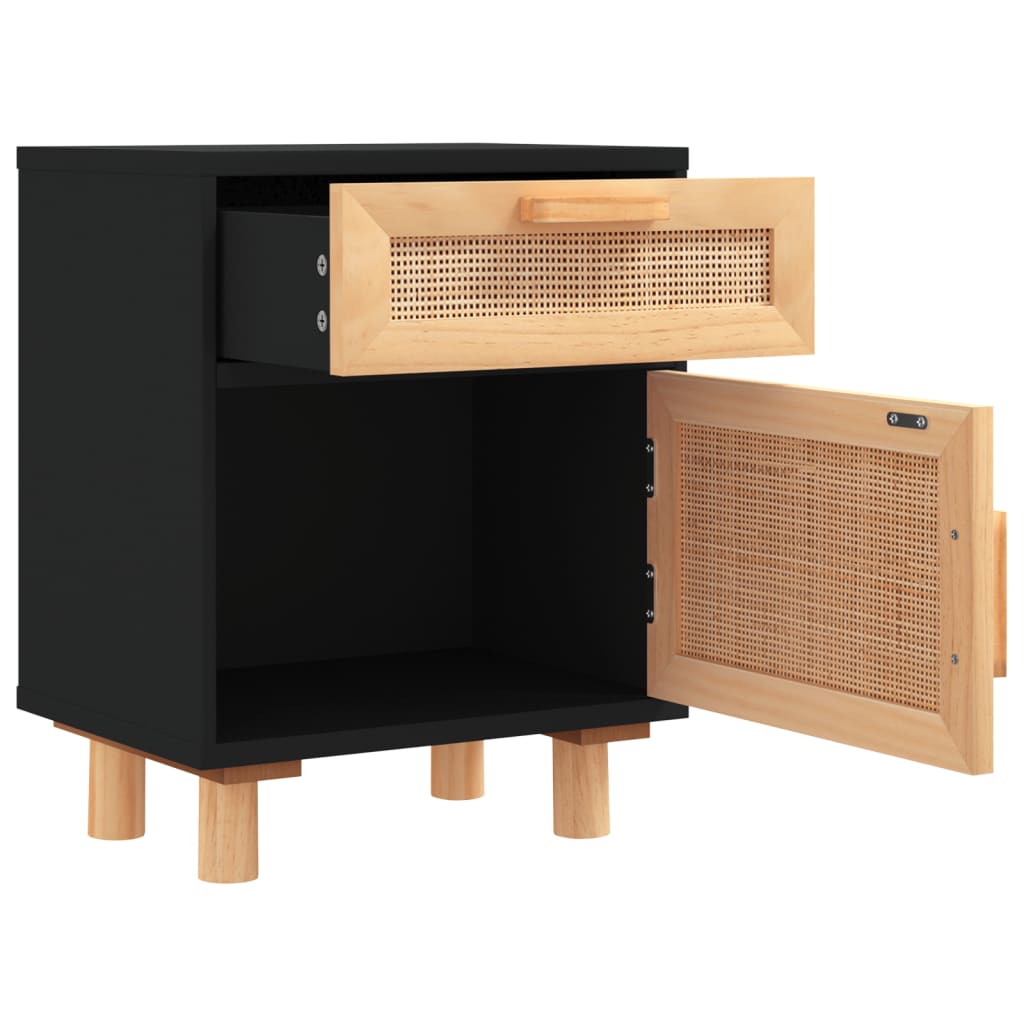 Table de chevet en pin massif noir et rotin naturel