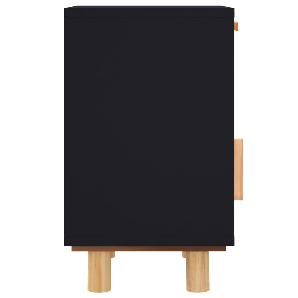 Table de chevet en pin massif noir et rotin naturel