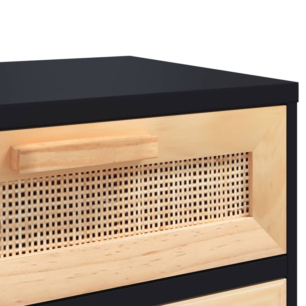 Table de chevet en pin massif noir et rotin naturel