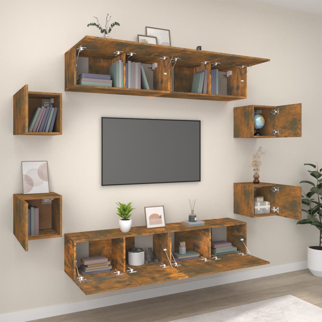 8-piece TV cabinet set smoked oak wood material