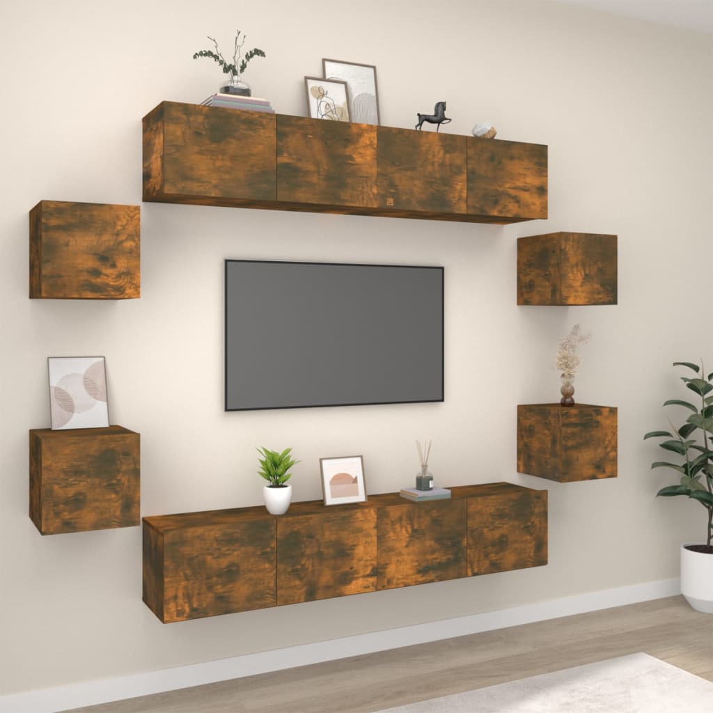 8-piece TV cabinet set smoked oak wood material